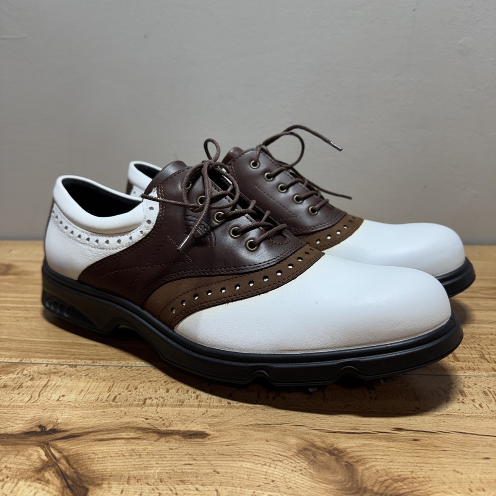 ECCO Classic Saddle GTX White Brown Leather Size 46 (12-12.5) Golf Shoes Spikes